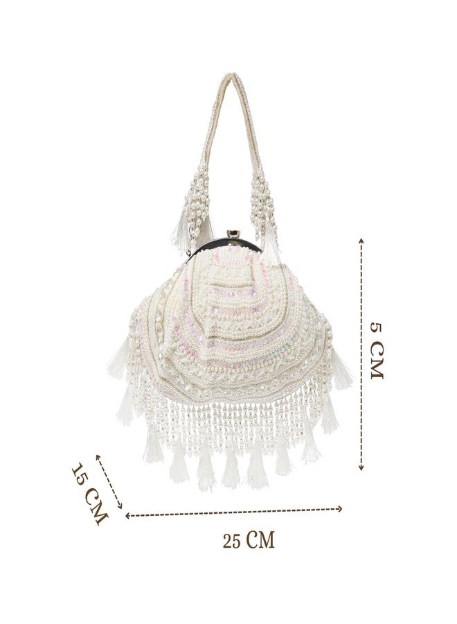 Anekaant Dewdrop Fringe Ivory Embellished Velvet Clutch For Women | Ideal for Weddings & Festive Occasions - Image 5